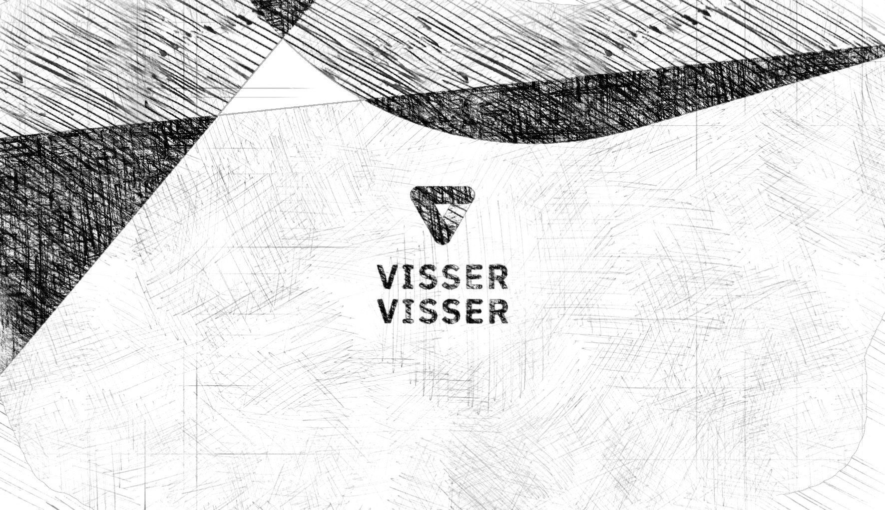 Geschetste monochrome schuine vlakken die een indruk geven van het merk Visser & Visser met een geschetst logo van Visser & Visser in het midden